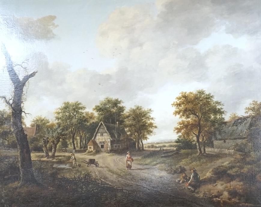 William Brooks (fl.1780-1801), Village scene with figures, unsigned, oil on canvas, 49 x 62cm, applied plaque to the ornate gilt frame